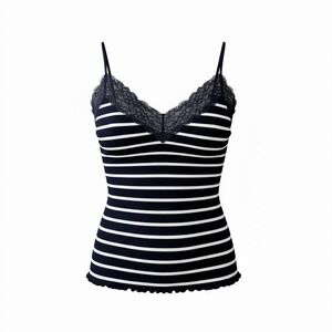 Lauren Ralph Lauren Womens Stripe Lace Trim Ribbed Cami Tank Top Size L  Navy